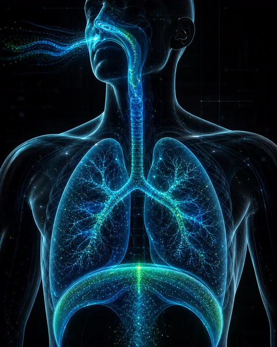 Visual científico de um torso humano com fluxo respiratório representado como telemetria